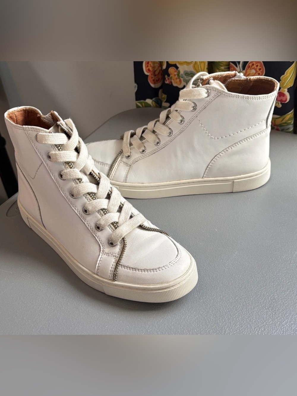 Frye & Co Sindy Moto High Top Lace Up Sneaker White Leather 7.5